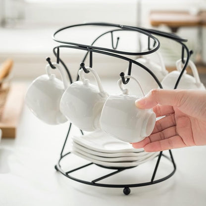 LYEOBOH Espresso Cups with Saucers Set, Porcelain Coffee Cups and Metal Stand - Image 5