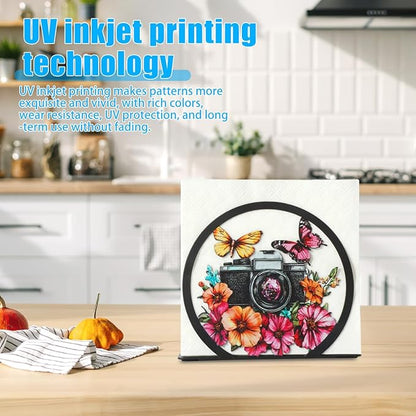 Modern Napkin Holder for Table Decor,Black Metal Napkin Dispenser fit Tissue Mail Bills Paper Towel Holder, Camera Butterfly Napkin Holders,Napkin Stand for Home Kitchen Dining Restaurant Cocktail