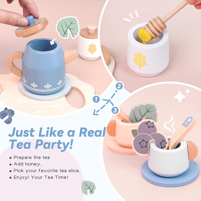 Wooden Tea Set for Little Girls, Play Food Sets for Kids Pretend Play Kitchen - Image 2