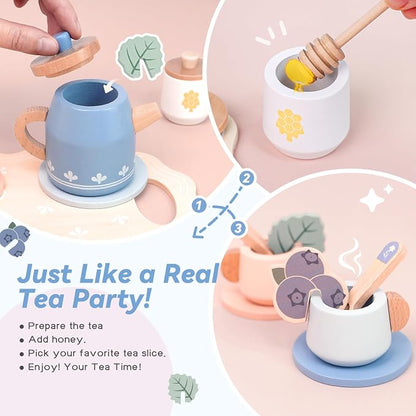 Wooden Tea Set for Little Girls, Play Food Sets for Kids Pretend Play Kitchen - Image 2