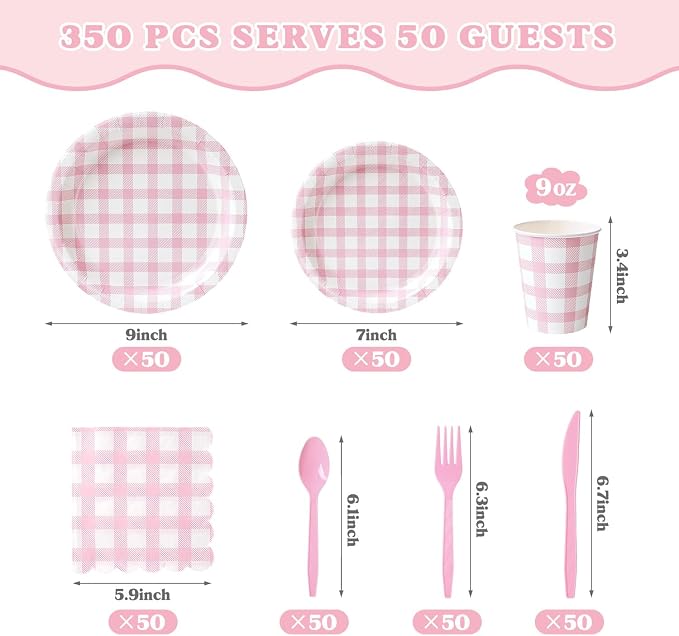 Vyntra 350 Pcs Pink Gingham Paper Plates and Napkins Set - Image 4