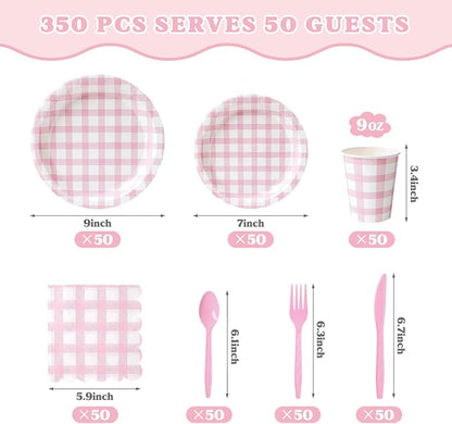 Vyntra 350 Pcs Pink Gingham Paper Plates and Napkins Set - Image 4