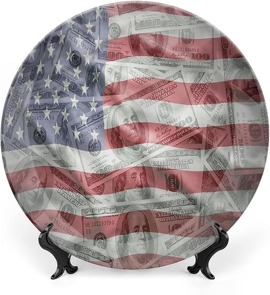 Decorative Plates, American Flag Print Ornament, Dolar Exchange, 8 Inch, Kitchen Wall Decor, Multicolor