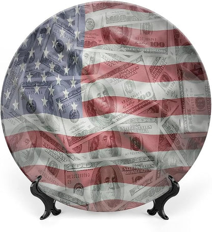 Ceramic Plates, American Flag Decorative Ceramic Plates, Dolar Exchange, 10 Inch, Household Plates Decorative, Multicolor