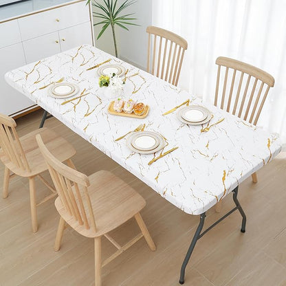 Smiry Rectangle Table Cloth Cover, Waterproof Elastic Fitted Picnic Tablecloth for 8 Foot Tables, Wipeable Flannel Backed Vinyl Tablecloths for Camping, Dining, Outdoor (White, 30" x 96")