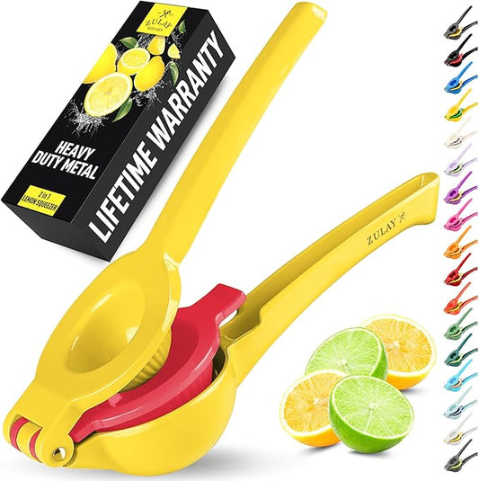 Zulay Kitchen Metal 2-in-1 Lemon Squeezer - Sturdy Max Extraction Hand Juicer Lemon Squeezer Gets Every Last Drop - Easy to Clean Manual Citrus Juicer - Easy-Use Lemon Juicer Squeezer - Yellow/Red
