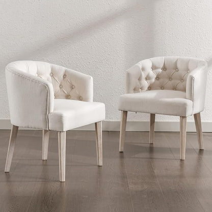 Mid-Century Dining Chairs Set of 2, Tufted Upholstered Linen Dining Room Chairs Comfy Side Chair Armchair Guest Chair with Wooden Legs for Dining Room Living Room, Beige
