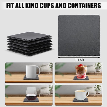6 Pack Square Slate Drink Coasters, VIBRATITE 4 Inch Black Slate Stone Coasters Bulk Cup Coaster Laser Engraving Blanks with Anti-Scratch Bottom for Drink Coffee Bar Kitchen Home Decor