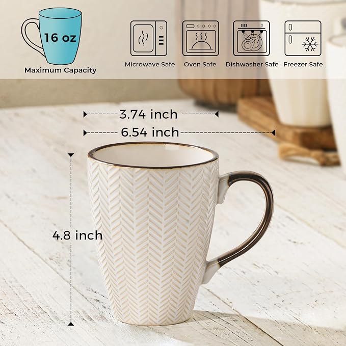 Embossed Ceramic Coffee Mugs Set of 4, 16 Oz | Ceramic Coffee Mug Set - Image 3