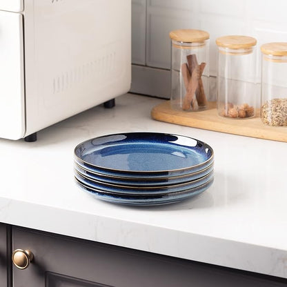 Ceramic Flat Plates Set of 4-8 in - The Dessert, Salad, Appetizer, Small Lunch, etc Plate. Microwave, Oven, and Dishwasher Safe, Scratch Resistant. Kitchen Porcelain Dish-Royal Blue