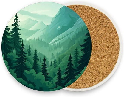Coasters for Drinks Coaster Drink Set Decorative Coffee Table Desk Cup Mat Spring Cute Cork Bar Backing Round Home Decor Mountain Forest Trees Green07