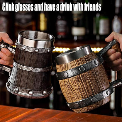 Nordic Viking Mug, pirate Beer Cup, Wooden Barrel Beer Mug Stainless Steel Liner - Image 4