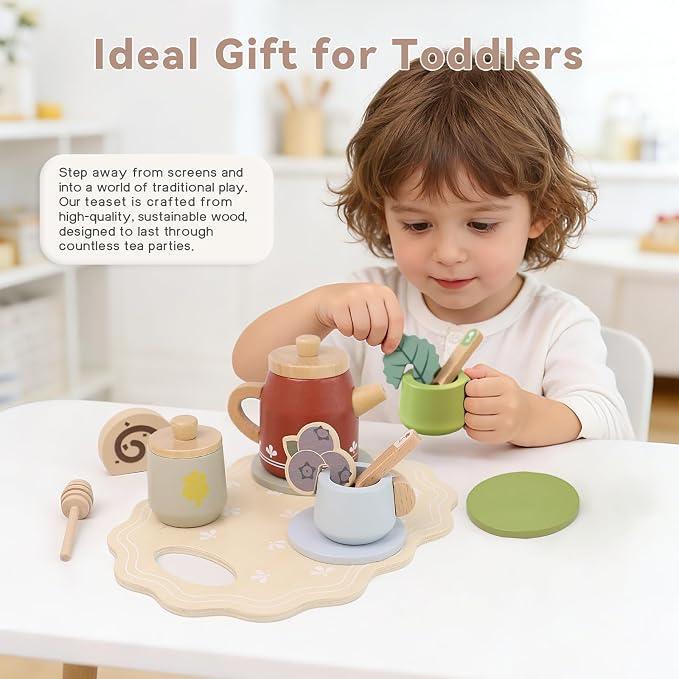 Wooden Tea Set for Little Girls, Play Food Sets for Kids Pretend Play Kitchen - Image 6