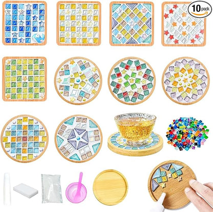 Airsnigi 10 Set DIY Mosaic Tiles for Crafts Mixed Color Glass Mosaic Kits with Wooden Coasters DlY Coasters Kit Mosaic Supplies for Adult DIY Kit Bamboo Coaster Christmas Gift for Drinks Tray