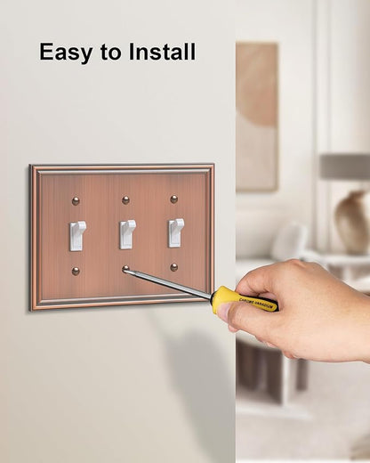 2-Pack Triple Toggle Light Switch Cover Plate, Durable Solid Zinc Alloy Decorative Switch Plate Covers, Antique Copper 3 Gang Wall Plate, Corrosion Resistant