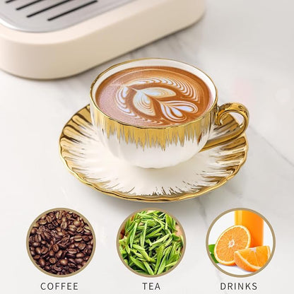 LETAOTAO Cappuccino Cups with Saucers, 7oz Tea Cup Set of 6 with Gold Trim | - Image 2
