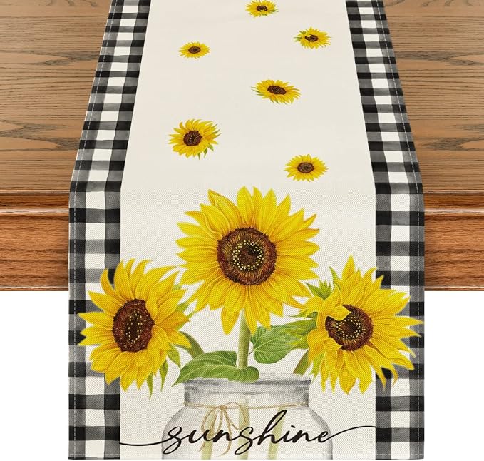 Artoid Mode Buffalo Plaid Sunflower Sunshine Vase Summer Table Runner, Spring by ArtoidMode