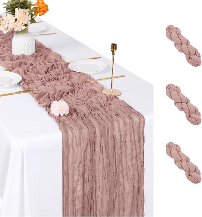 3 Pack Dusty Pink Cheesecloth Table Runner, 17 x 108 inch, Semi Sheer Boho by ACSUIT