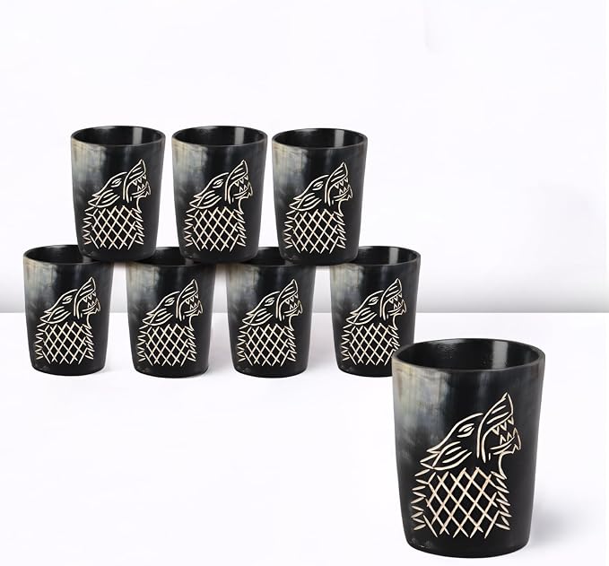 Handicrafts Home Viking Horn Shot Glasses Set of 8, Handmade Natural Ox Horn by HandicraftsHome