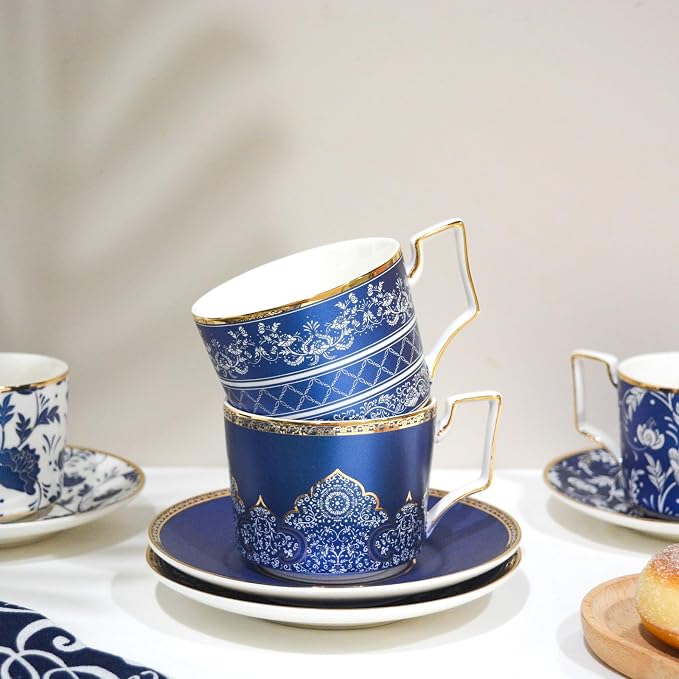 ACMLIFE Bone China Tea Cups and Saucers Set of 4, 6.8 oz Blue and White Tea - Image 3