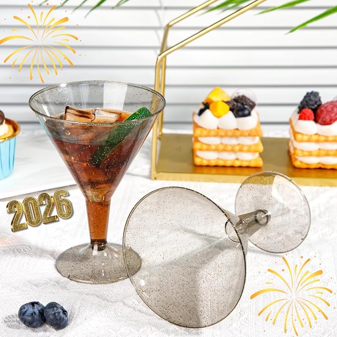 Liacere 24 Pack Gray Gold Glitter Plastic Martini Glasses - Image 3