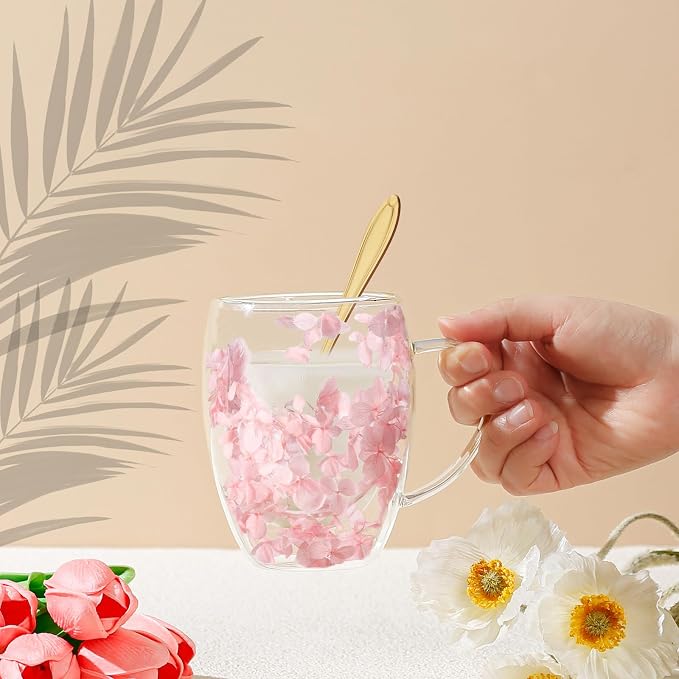 Gifts for Women Dried Flowers Double Wall Glass Coffee Mugs Cute Glass Tea Cups - Image 9