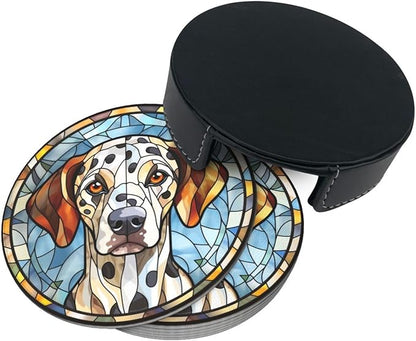 Drink Coaster Set of 6, Dalmatian Dog Mom Lover Gift,Leather Drink Coasters with Holder,6 Pack Cup/Bar/Drink Coasters for Table/Drinks/Coffee Protection Housewarming Gift