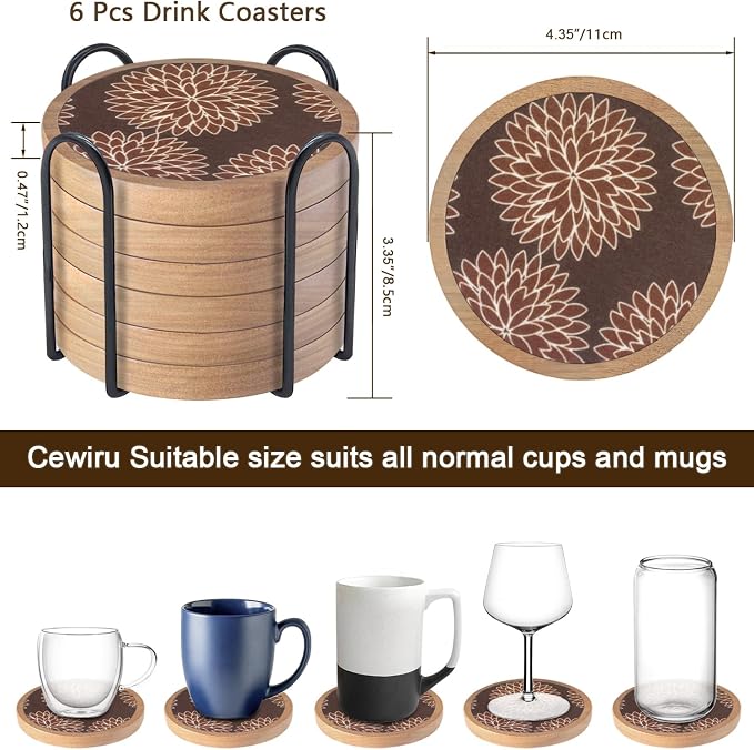 Wood Coasters Set of 6 with Holder, Cewiru Cup Mat - Image 6