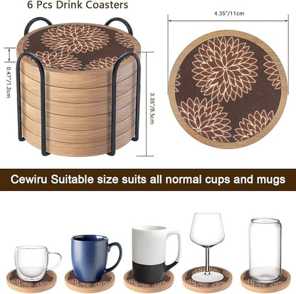 Wood Coasters Set of 6 with Holder, Cewiru Cup Mat - Image 6