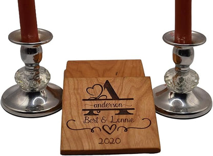 Personalized Wooden Coasters with Monogram, Wedding Date Engraved, Family Name- Choice of Wood (Wedding Couple)