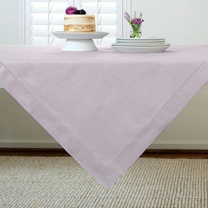 Solino Home Lilac Linen Tablecloth 52 x 52 Inch - 100% Pure Linen Square Table Throw - Classic Hemstitch, Machine Washable Table Cloth for Valentines, Spring, Easter
