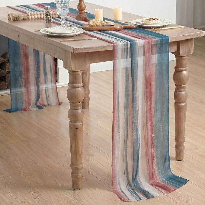 Artoid Mode Boho Blue Red Stripes 4th of July Chiffon Table Runner 120 Inches - Image 6
