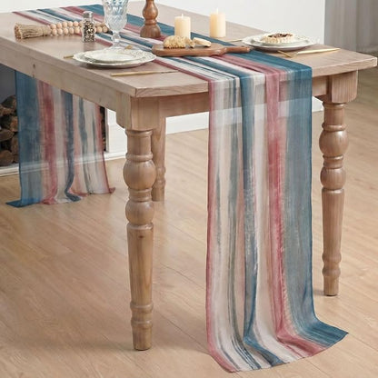 Artoid Mode Boho Blue Red Stripes 4th of July Chiffon Table Runner 120 Inches - Image 6