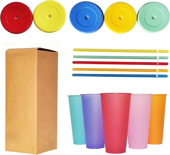 Color Changing Cups, 5 Pack 24oz Plastic Tumblers, Reusable Iced Coffee & - Image 6