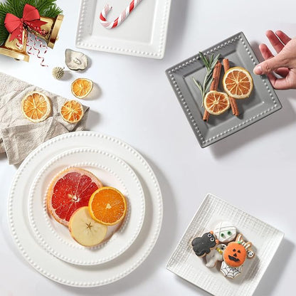 Dinner Plates Set of 4, 10.5 inch White Ceramic Plates, Embossed Salad Plates - Image 5