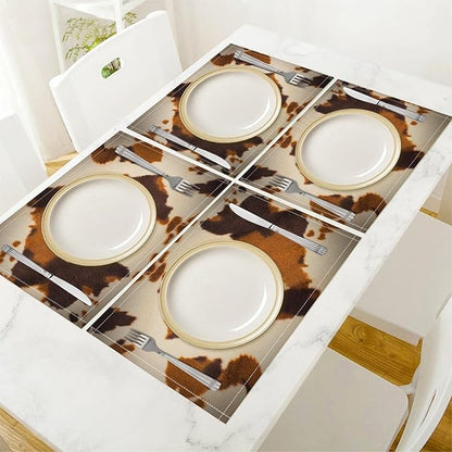 Cow Print Placemats,Farm Animal Brown Cowhide Print Place Mats,Western Highlands Pattern Kitchen Table Mats for Dining Kitchen Party Holiday Decor 12x18 in Set of 6