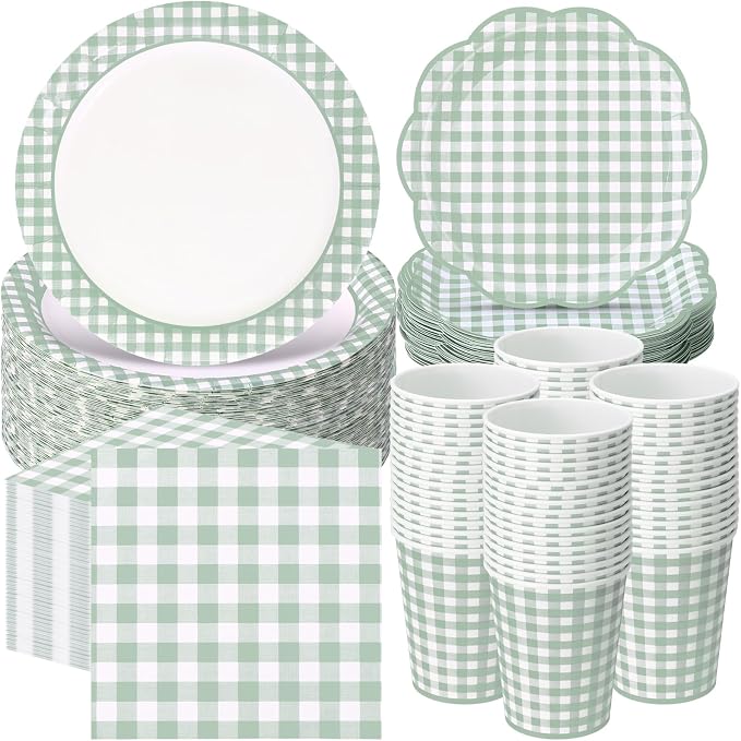 Funnymoom 250 Pcs Sage Green Gingham Paper Plates and Napkins Party Supplies by Funnymoom
