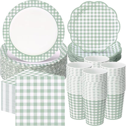 Funnymoom 250 Pcs Sage Green Gingham Paper Plates and Napkins Party Supplies by Funnymoom