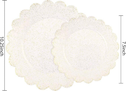 LIYH 60 Pcs Gold Glitter Plastic Scalloped Plates - Disposable Heavyduty Combo Plastic Plates Dishes Included 30 Dinner Plate 30 Dessert Plate for Weddings Party Birthday