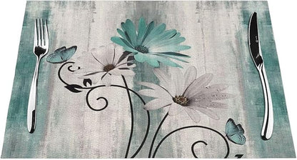 Floral Placemats Set of 4, 12x18 Inch Teal Blue Daisy Flower Table Mats Rectangle Vintage Flowers Holiday Decorative Table Placemats for Party Home Kitchen Dining Table Decoration
