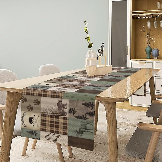 Rustic Moose Deer Bear Table Runner, Retro Vintage Bear Cottage Country Style - Image 2