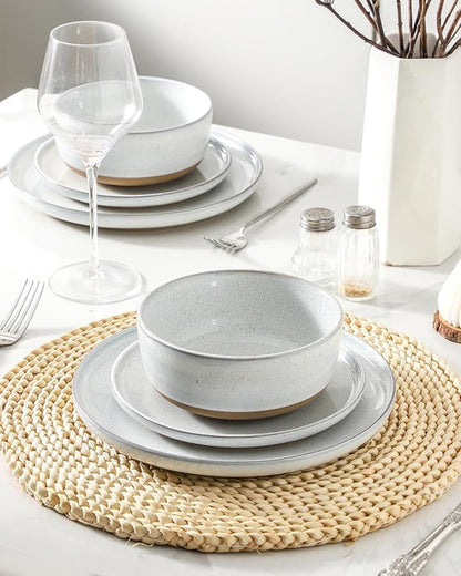 Hasense Plates and Bowls Sets, 3 Pieces Modern Porcelain Dishes Sets, Stoneware Dinnerware Sets with Speckled Pattern, Scratch Resistant Microwave and Dishwasher Safe, White