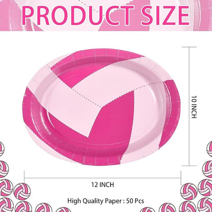 Grencian 50Pcs Pink Volleyball Party Supplies 10" x 12" Volleyball Oval Paper Plates Sport Birthday Party Disposable for Girls Ball Games Birthday Baby Shower Decorations