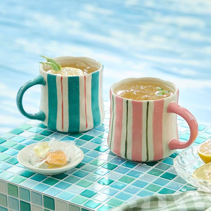Striped Ceramic Coffee Mugs Set of 2, Tea & Cocoa, 12oz Dishwasher & Microwave by DelightsGalore