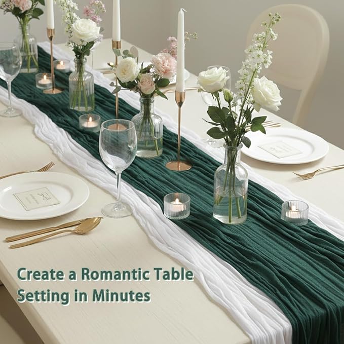 Cheesecloth Table Runner 2 Pack White and Dark Green, Boho Gauze Table Runner - Image 5