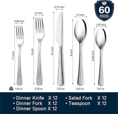 KINGSTONE Hammered Silverware Set, 60-Piece Flatware Set, 18/10 Stainless Steel Premium Cutlery with Unique Ripple Handles Design Mirror Polished - Dishwasher Safe