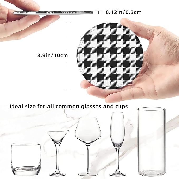 6 Pcs Black and White Buffalo Check Plaids Leather Coasters - Image 8