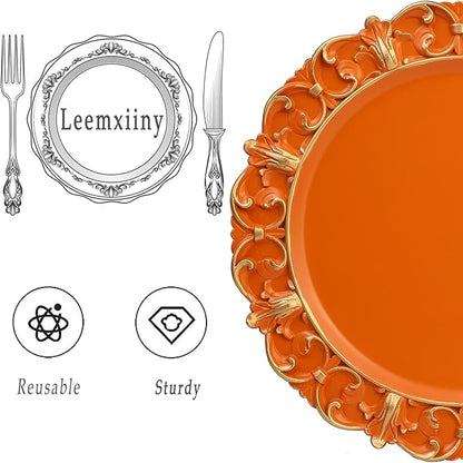 Orange Charger Plates Set of 6, Decorative Table Plastic Chargers for Dinner Plates, Party, Wedding, Thanksgiving, Christmas, FD15O