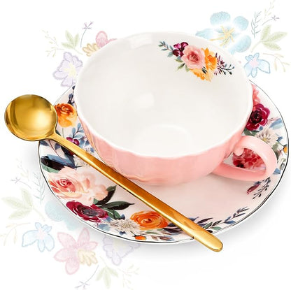 Lyellfe Set of 2 Tea Cup and Saucers, 8 Oz Floral Tea Cups - Image 4
