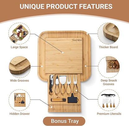 Charcuterie Board Set – Includes Slide-Out Drawer, Complete Hosting Kit with Stainless Utensils, Wine Opener, Slate Labels & Snack Tray – Ideal Gift for Housewarming & Wedding – 13pcs Set